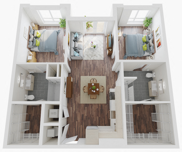 Floor plan for 2 beds, 2 baths, 1090 sqft