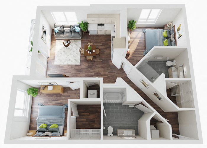 Floor plan for 2 beds, 2 baths, 1032 sqft