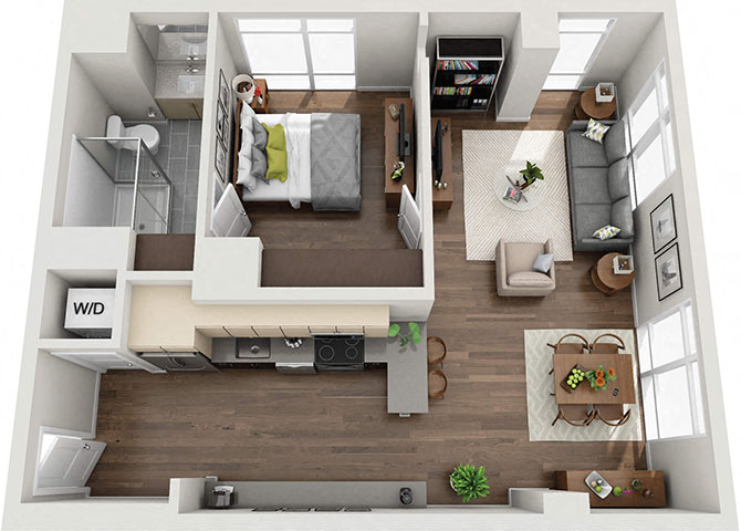 Floor plan for 1 bed, 1 bath, 708 sqft