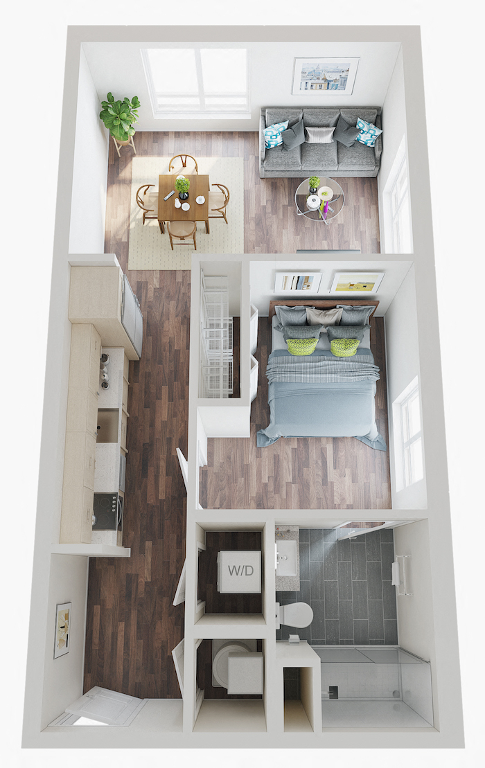 Floor plan for studio, 1 bath, 587 sqft