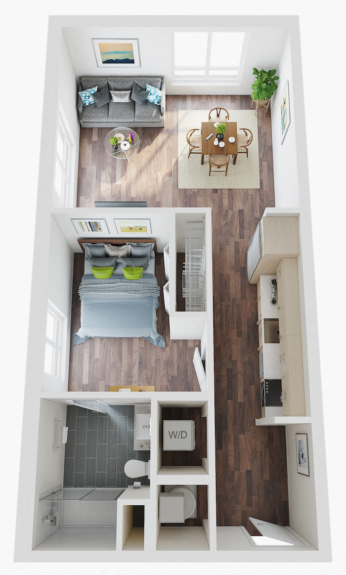 Floor plan for studio, 1 bath, 629 sqft