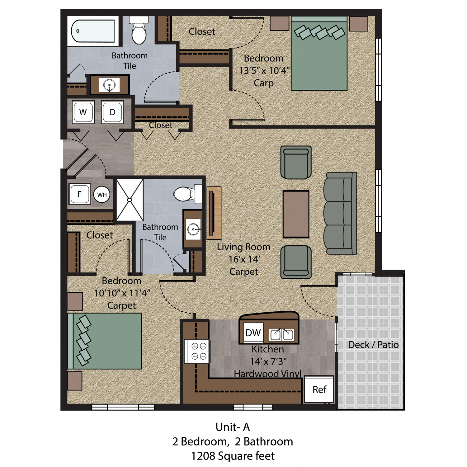 Floor plan for 2 beds, 2 baths, 1208 sqft
