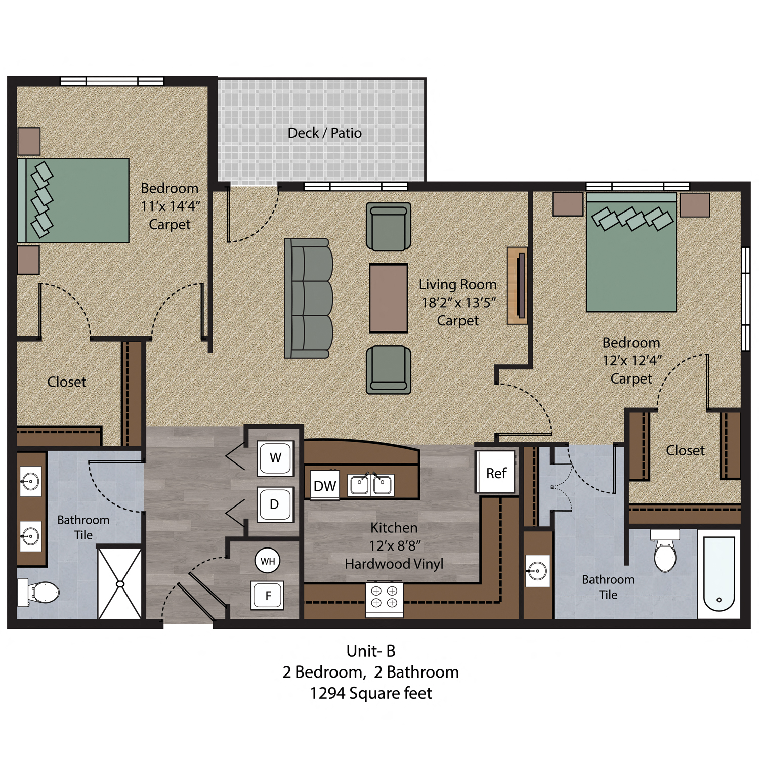 Floor plan for 2 beds, 2 baths, 1383 sqft