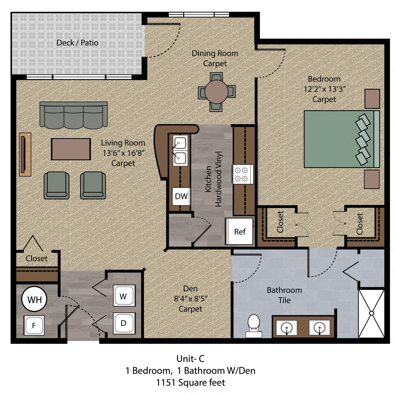 Floor plan for 1 bed, 1 bath, 1151 sqft