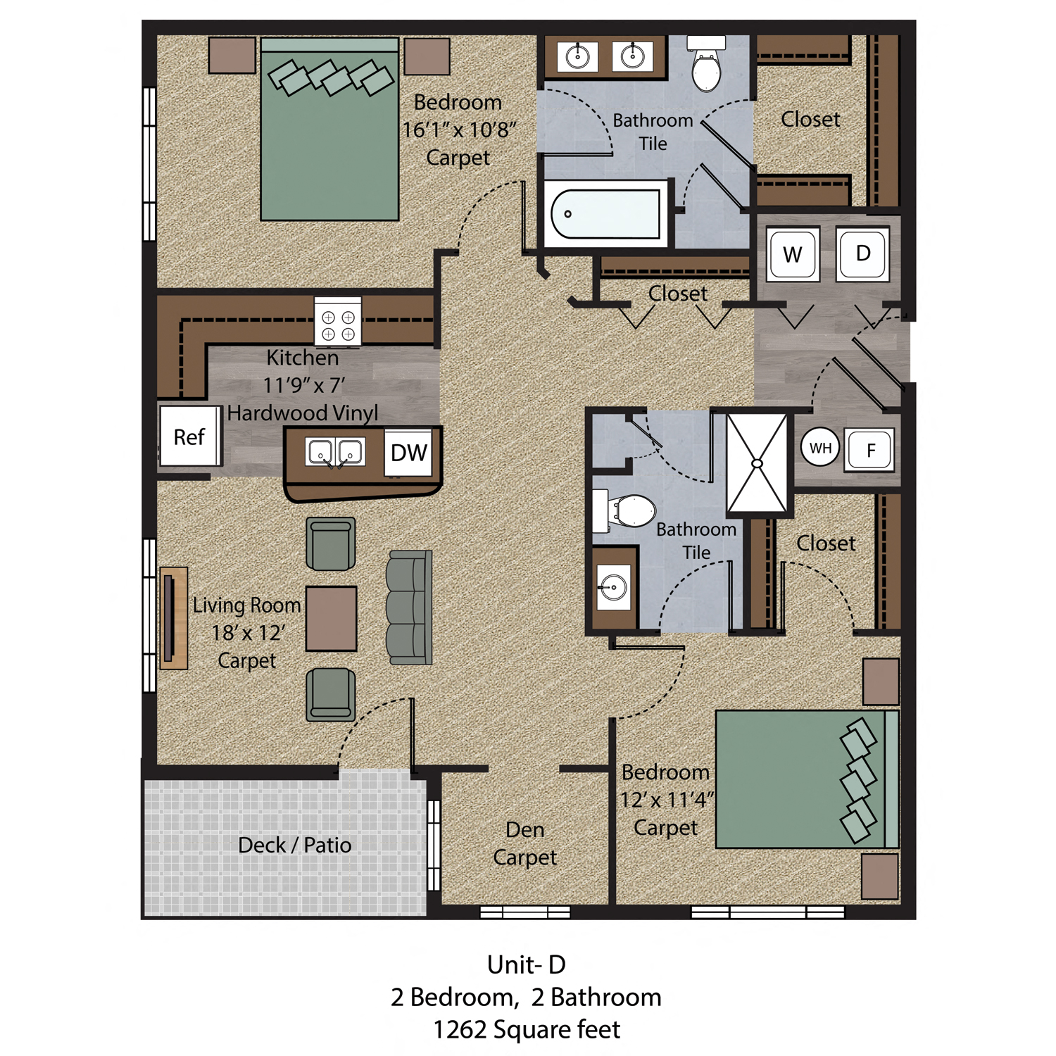 Floor plan for 2 beds, 2 baths, 1262 sqft