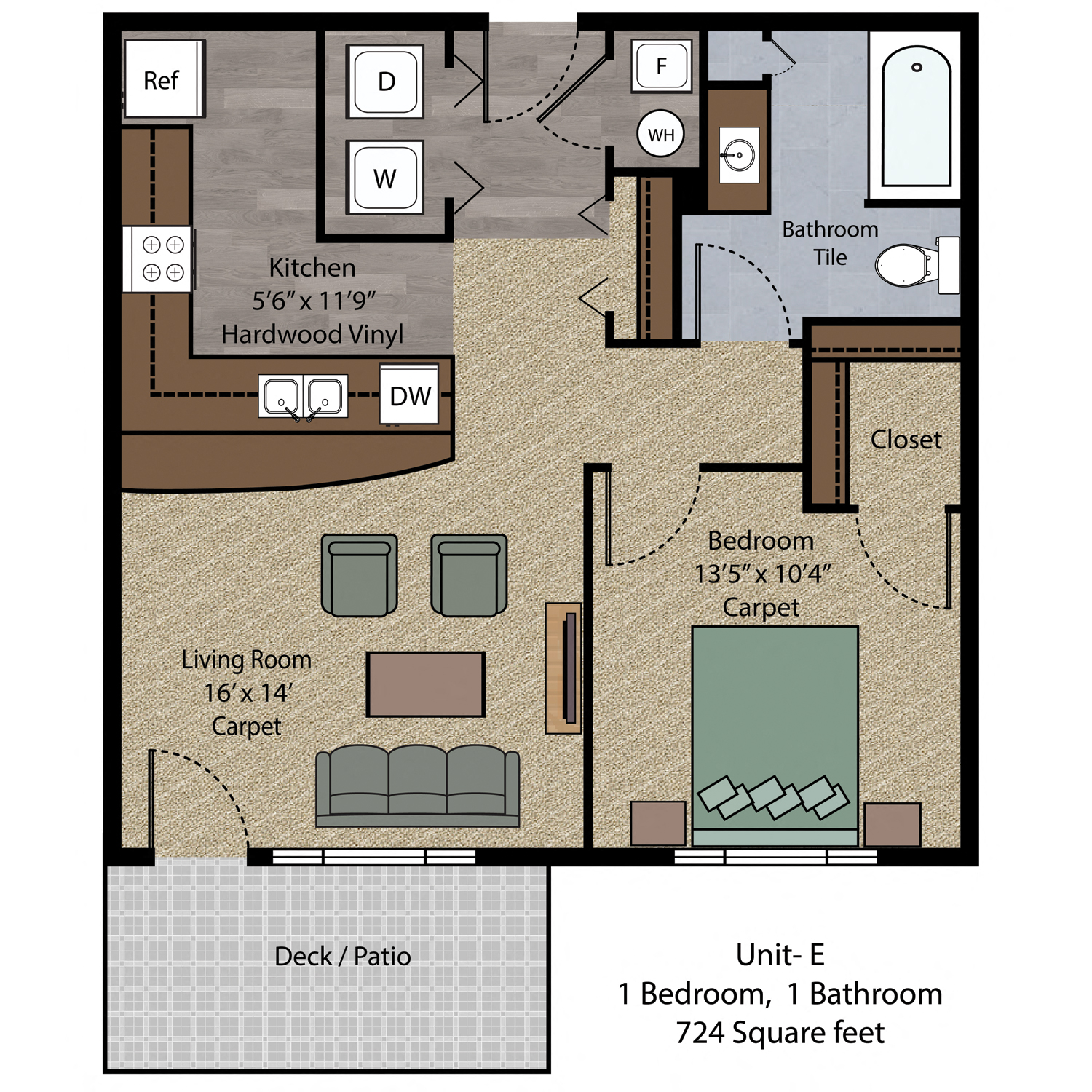 Floor plan for 1 bed, 1 bath, 724 sqft