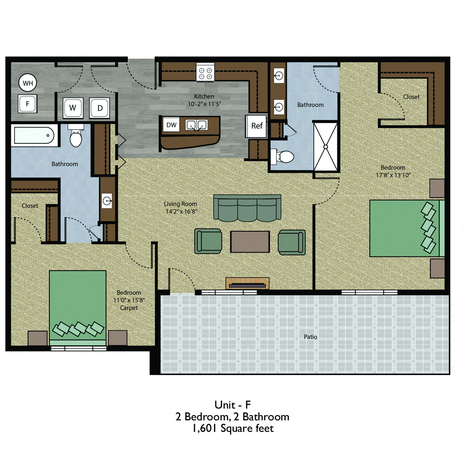 Floor plan for 2 beds, 2 baths, 1601 sqft