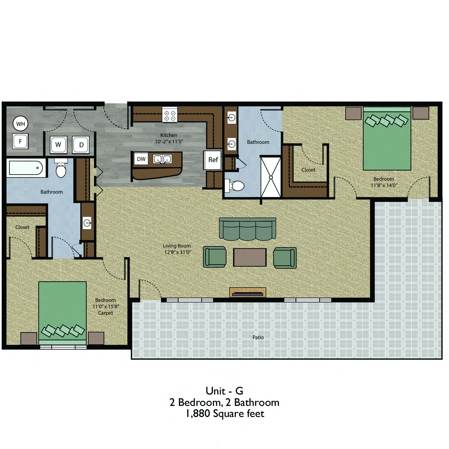 Floor plan for 2 beds, 2 baths, 1880 sqft
