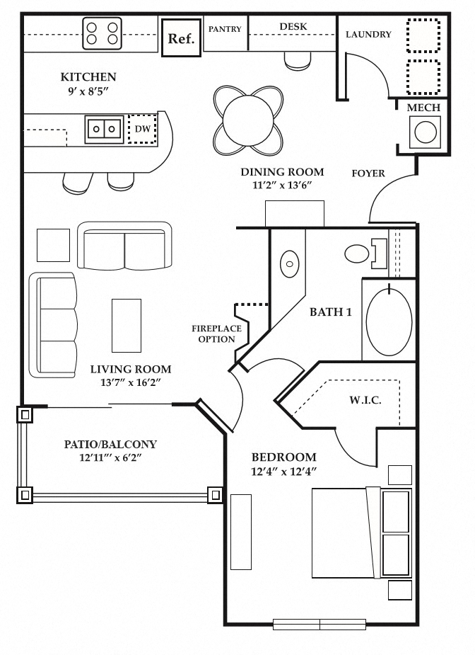Floor plan for 1 bed, 1 bath, 869 sqft