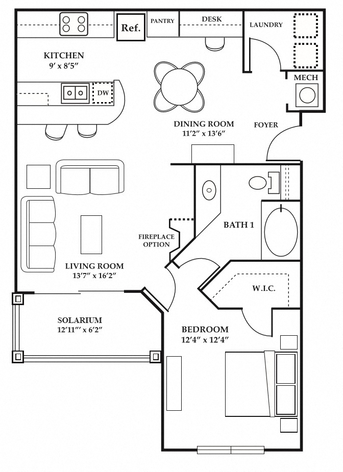 Floor plan for 1 bed, 1 bath, 948 sqft