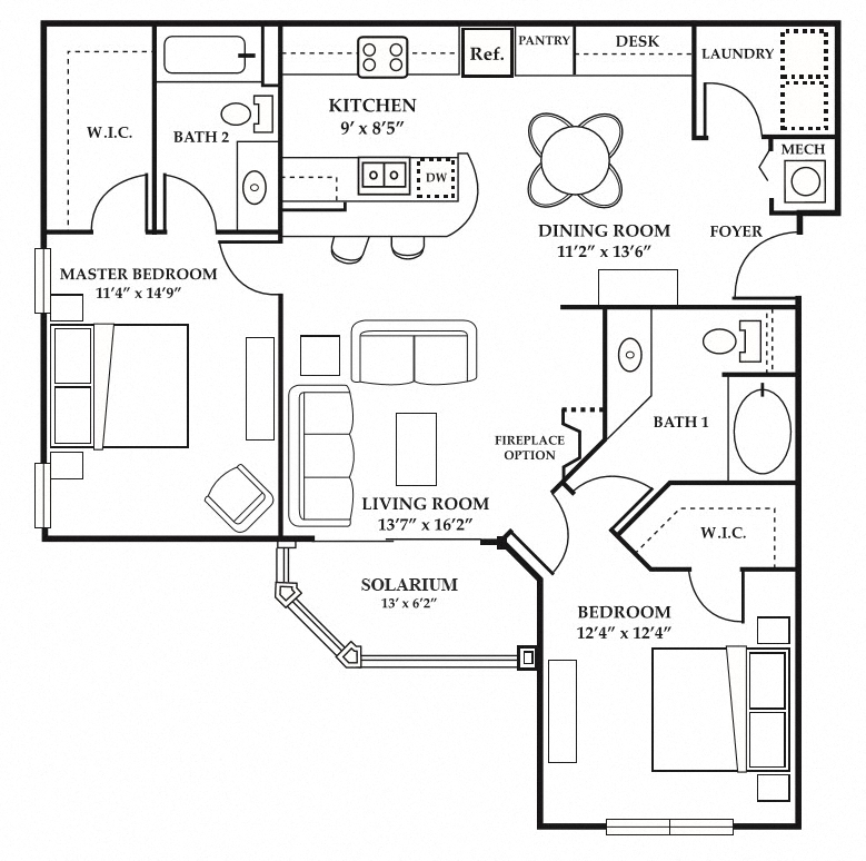 Floor plan for 2 beds, 2 baths, 1241 sqft