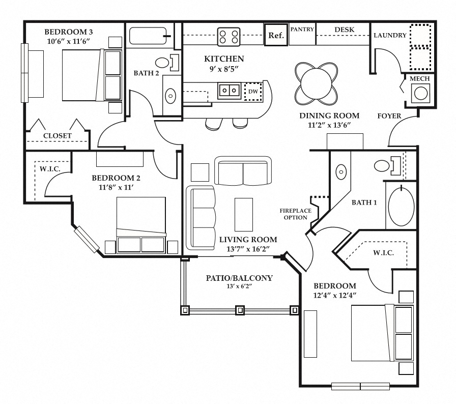 Floor plan for 3 beds, 2 baths, 1270 sqft