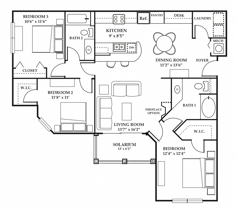 Floor plan for 3 beds, 2 baths, 1349 sqft