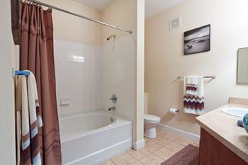 Bathroom with tub shower combo and vanity