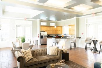 Community clubhouse with kitchen bar and lounge seating