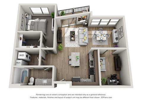 Floor plan for 1 bed, 1 bath, 834 sqft