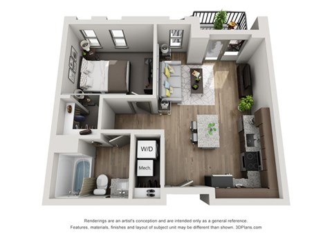 Floor plan for 1 bed, 1 bath, 528 sqft