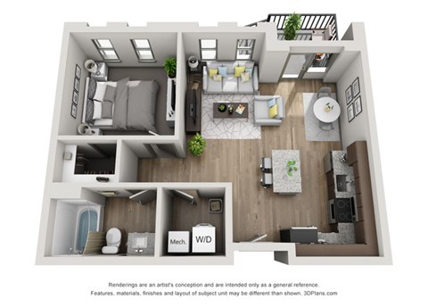 Floor plan for 1 bed, 1 bath, 609 sqft