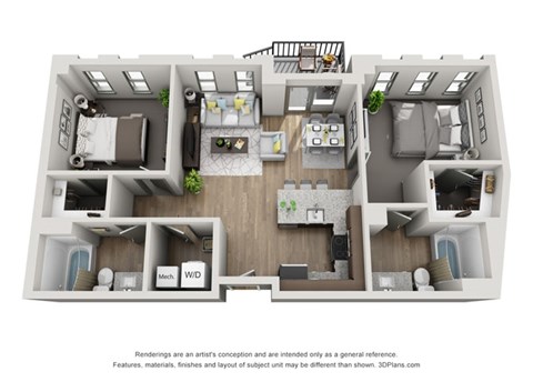 Floor plan for 2 beds, 2 baths, 878 sqft