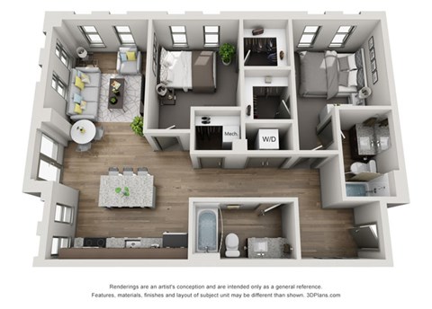 Floor plan for 2 beds, 2 baths, 934 sqft