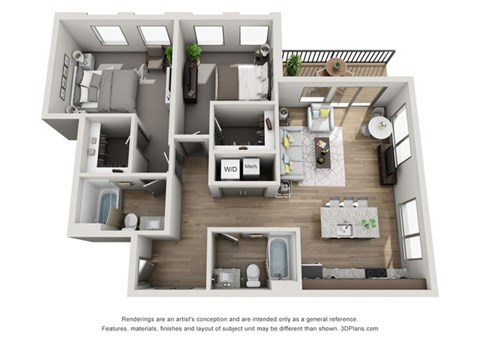 Floor plan for 2 beds, 2 baths, 1016 sqft
