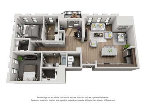 Floor plan for 2 beds, 2 baths, 1104 sqft