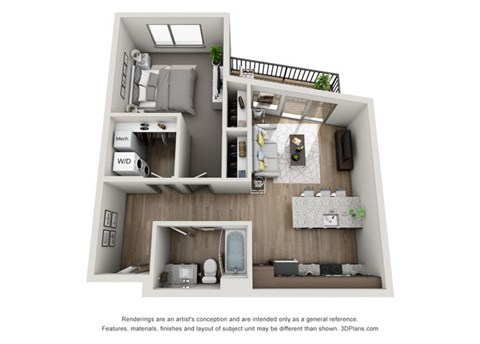 Floor plan for 1 bed, 1 bath, 681 sqft