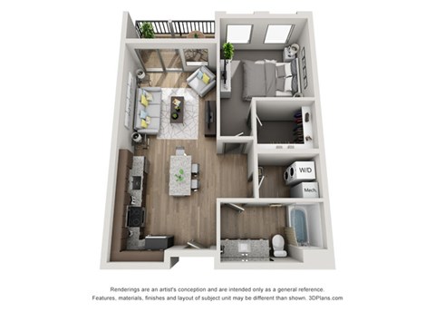 Floor plan for 1 bed, 1 bath, 692 sqft