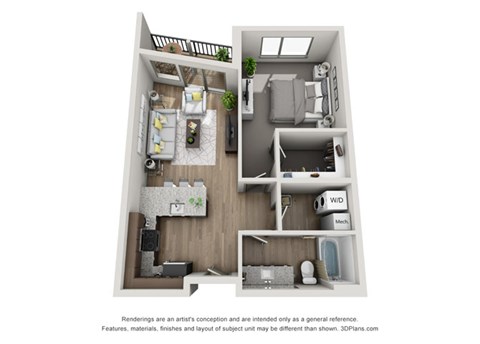Floor plan for 1 bed, 1 bath, 733 sqft