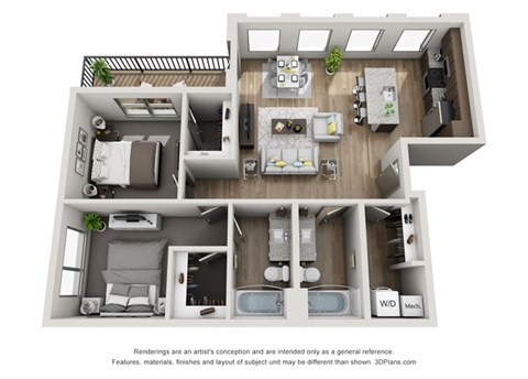 Floor plan for 2 beds, 2 baths, 948 sqft