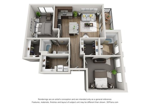 Floor plan for 2 beds, 2 baths, 984 sqft