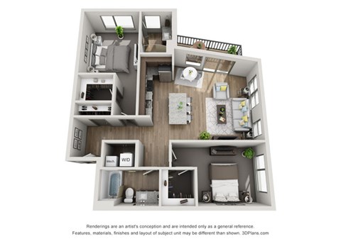 Floor plan for 2 beds, 2 baths, 1035 sqft