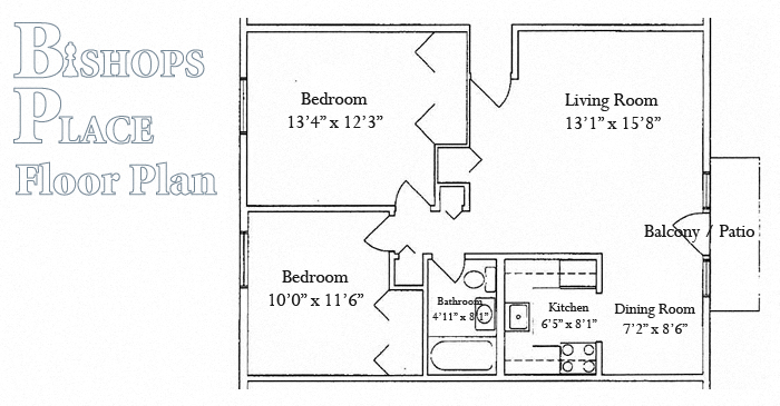 Floor plan for 2 beds, 1 bath, 810 sqft