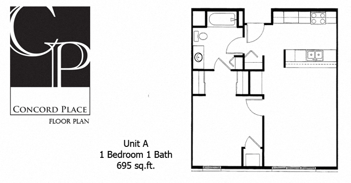 Floor plan for 1 bed, 1 bath, 695 sqft