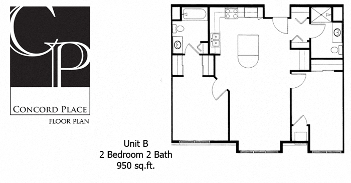 Floor plan for 2 beds, 2 baths, 950 sqft
