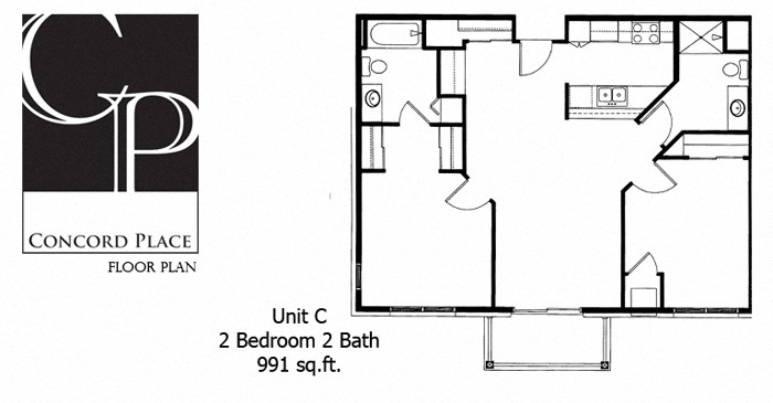 Floor plan for 2 beds, 2 baths, 991 sqft