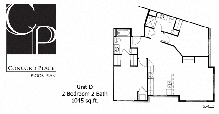 Floor plan for 2 beds, 2 baths, 1045 sqft