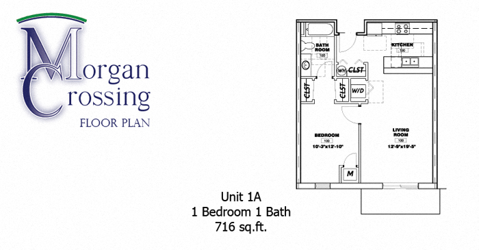 Floor plan for 1 bed, 1 bath, 716 sqft