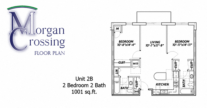 Floor plan for 2 beds, 2 baths, 1001 sqft