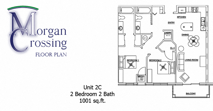 Floor plan for 2 beds, 2 baths, 1001 sqft