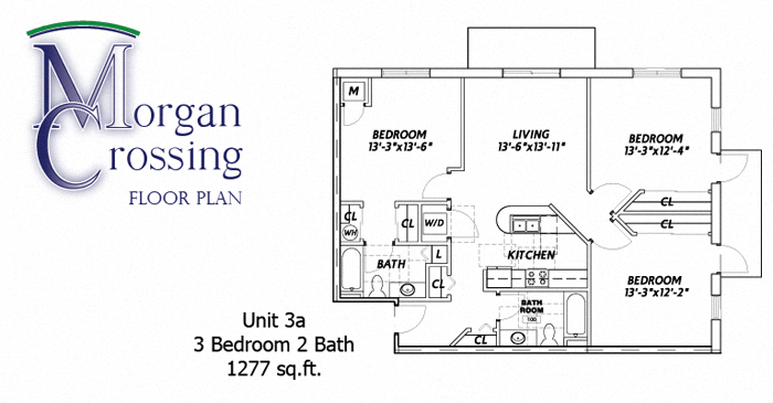 Floor plan for 3 beds, 2 baths, 1277 sqft
