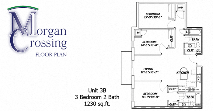 Floor plan for 3 beds, 2 baths, 1230 sqft