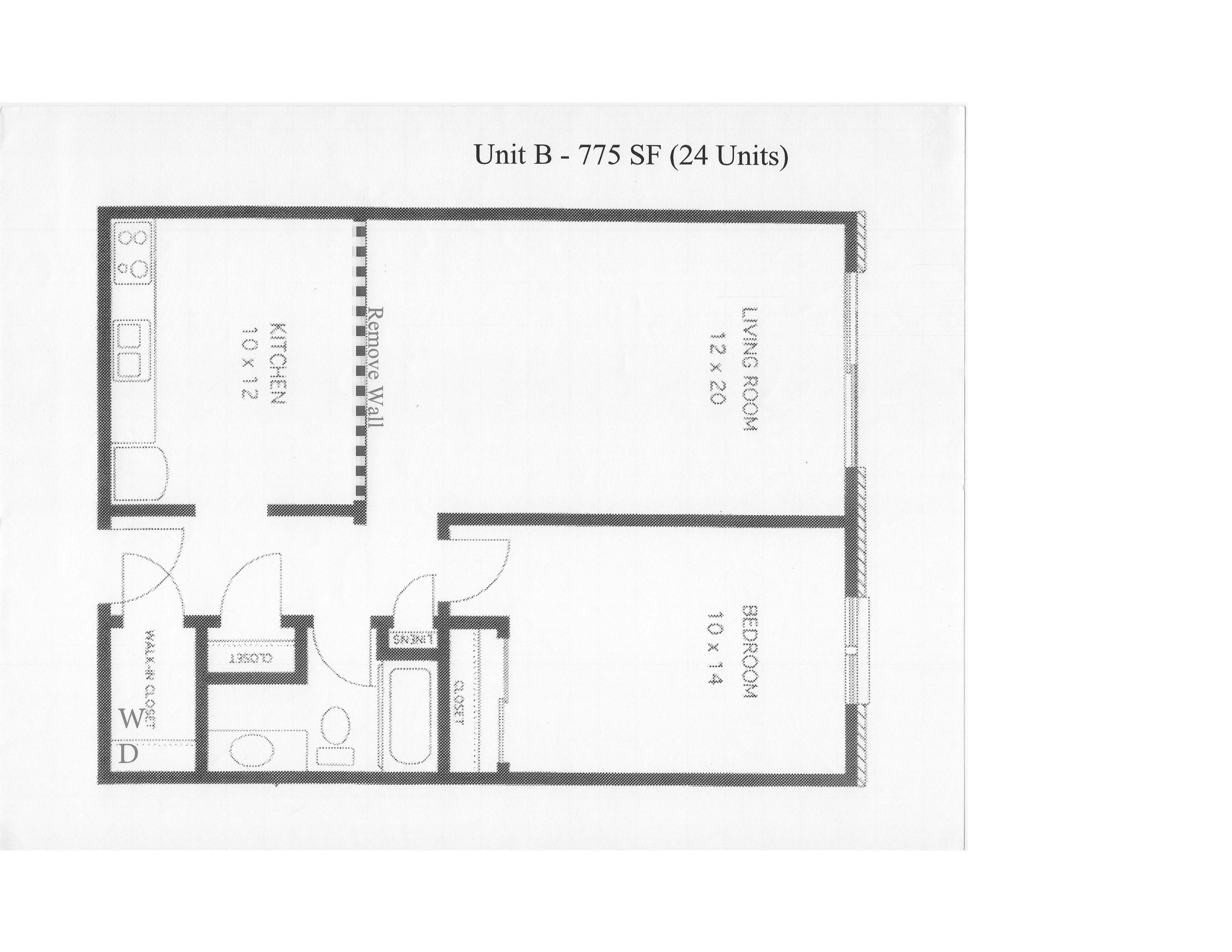 Floor plan for 1 bed, 1 bath, 775 sqft