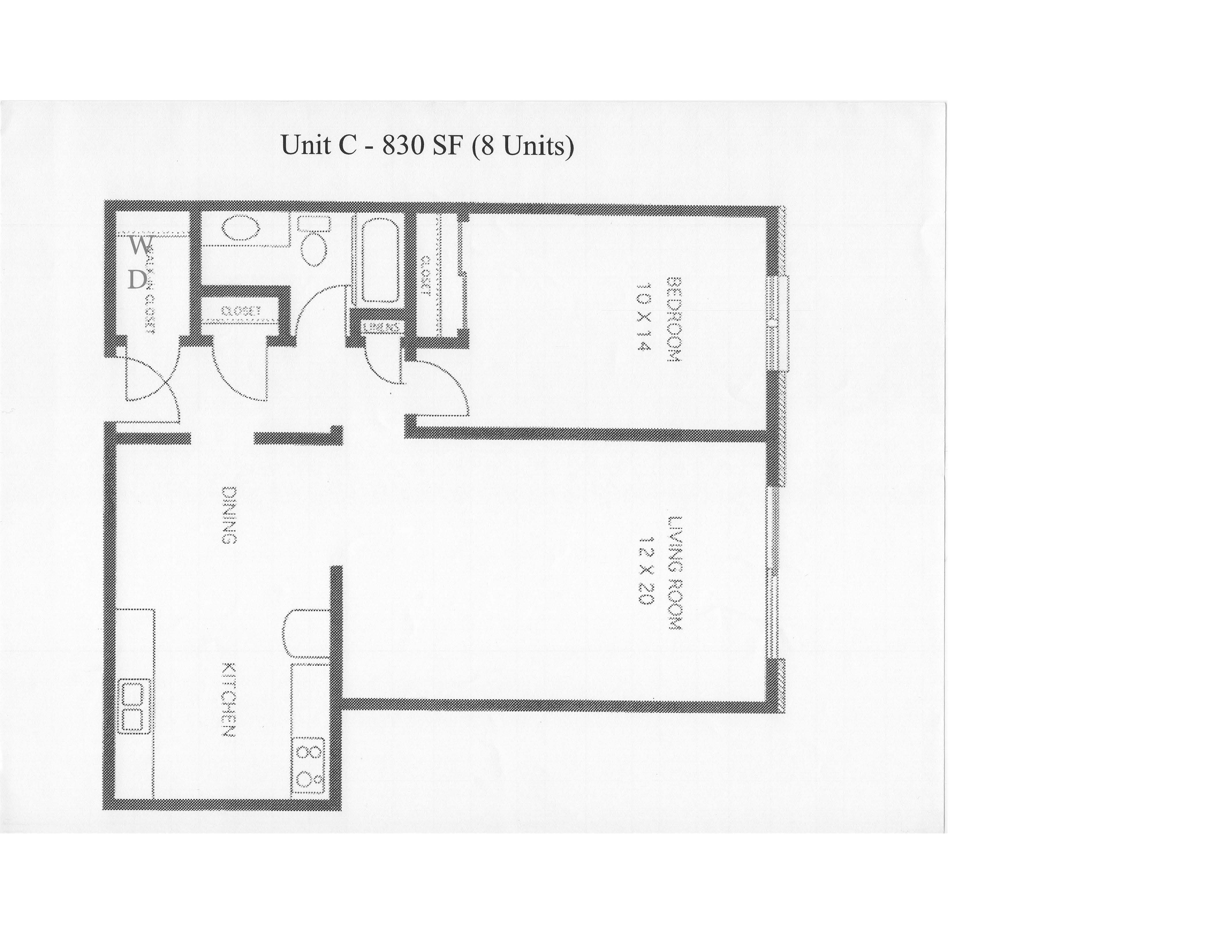 Floor plan for 1 bed, 1 bath, 830 sqft