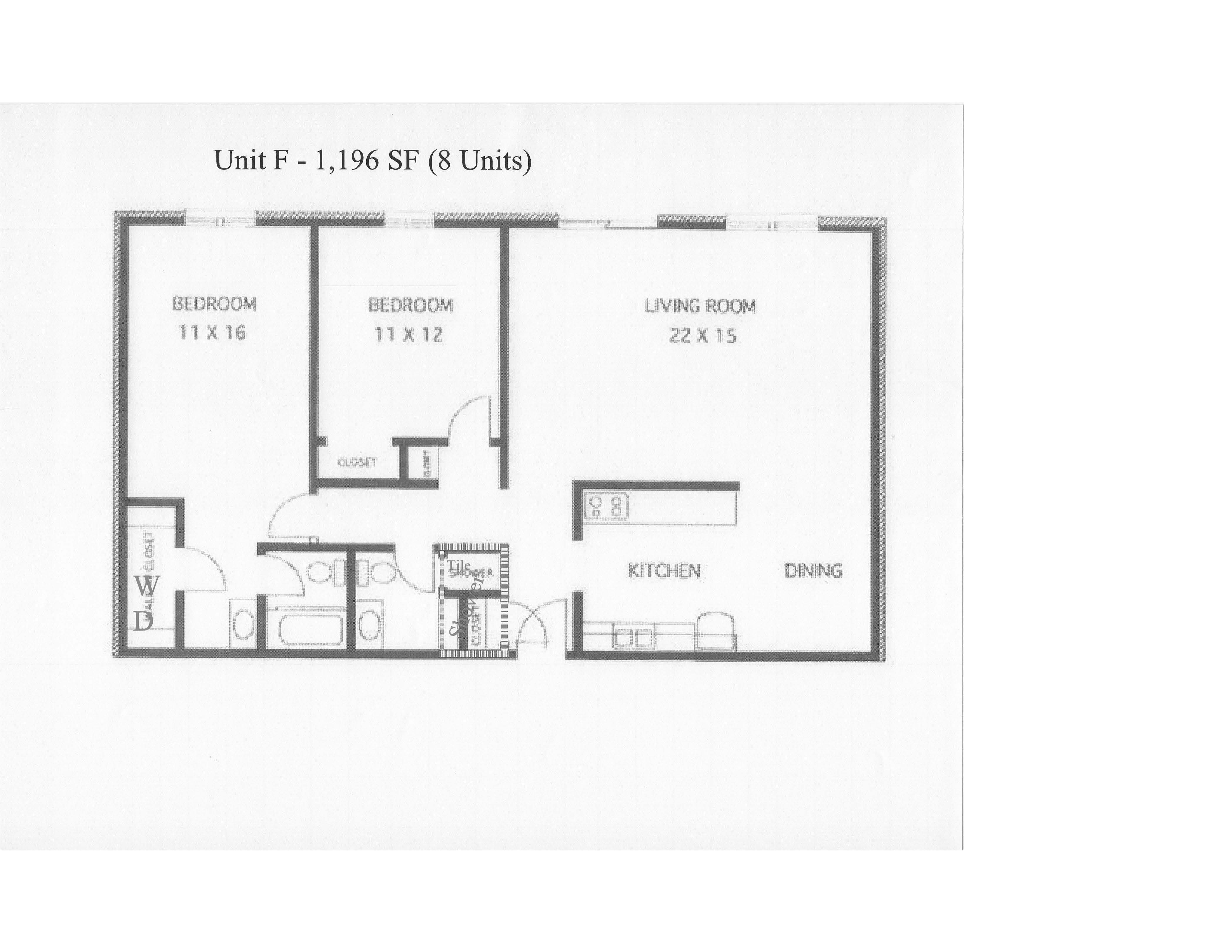 Floor plan for 2 beds, 2 baths, 1196 sqft