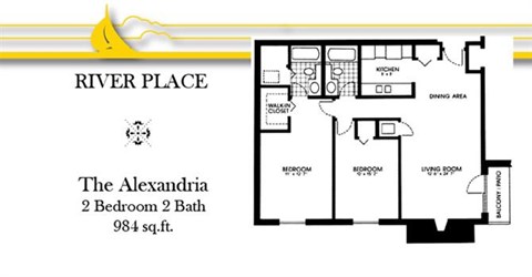 Floor plan for 2 beds, 2 baths, 984 sqft
