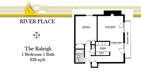 Floor plan for 1 bed, 1 bath, 984 sqft