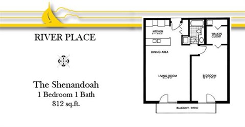 Floor plan for 1 bed, 1 bath, 812 sqft