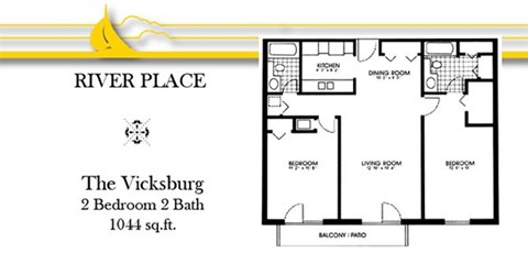 Floor plan for 2 beds, 2 baths, 1044 sqft