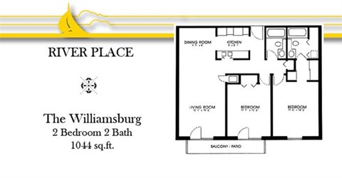 Floor plan for 2 beds, 2 baths, 1044 sqft
